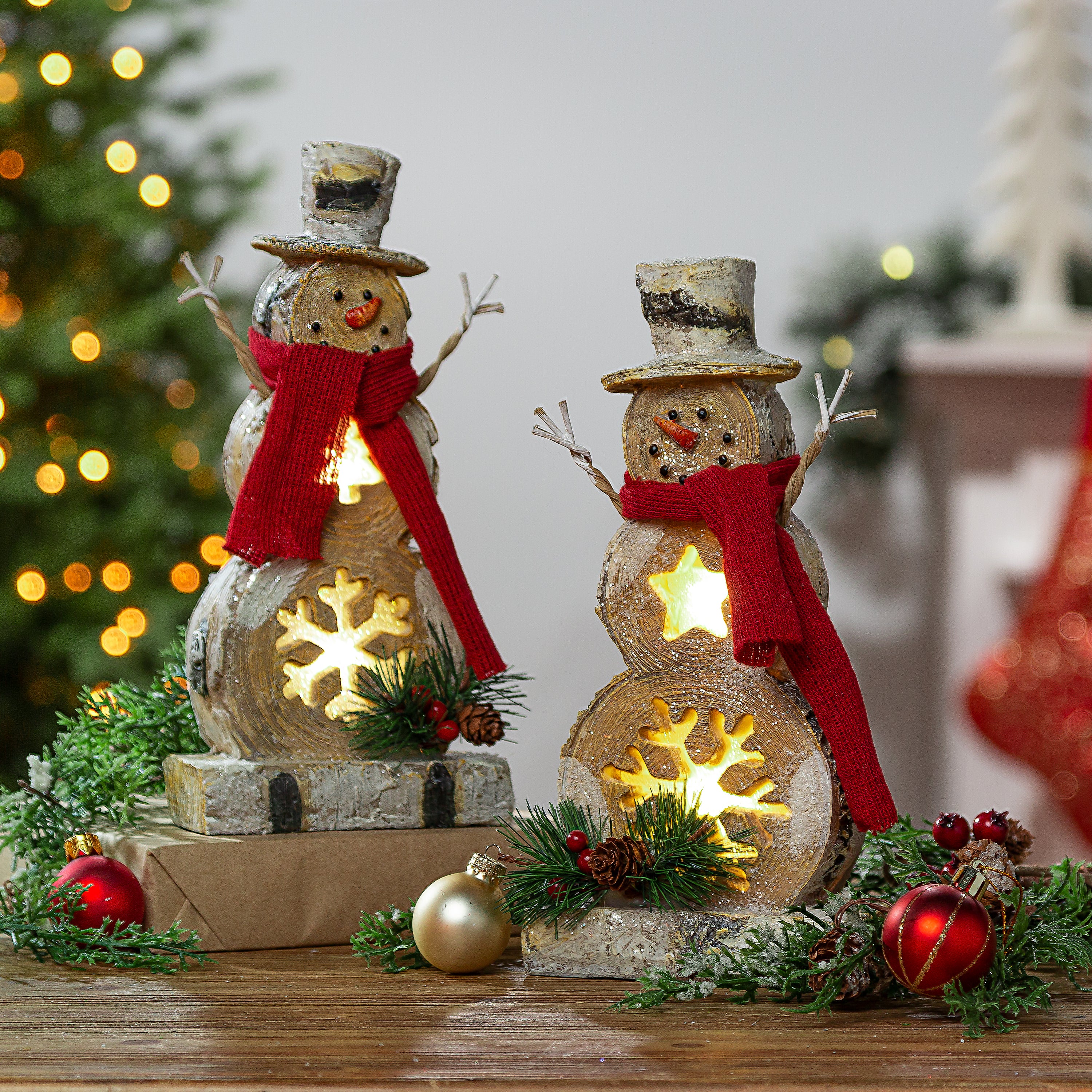 Battery-Operated Lighted Resin Snowman Figurines (Set of 2)